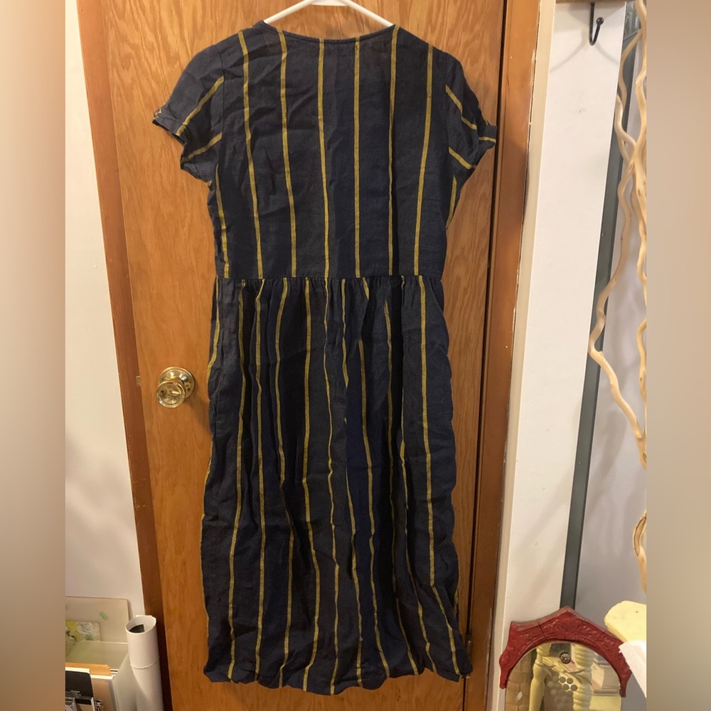 Pyne & Smith Model No. 17 Oxford Stripe Dress Navy Blue & Yellow Striped Linen - Picture 6 of 8